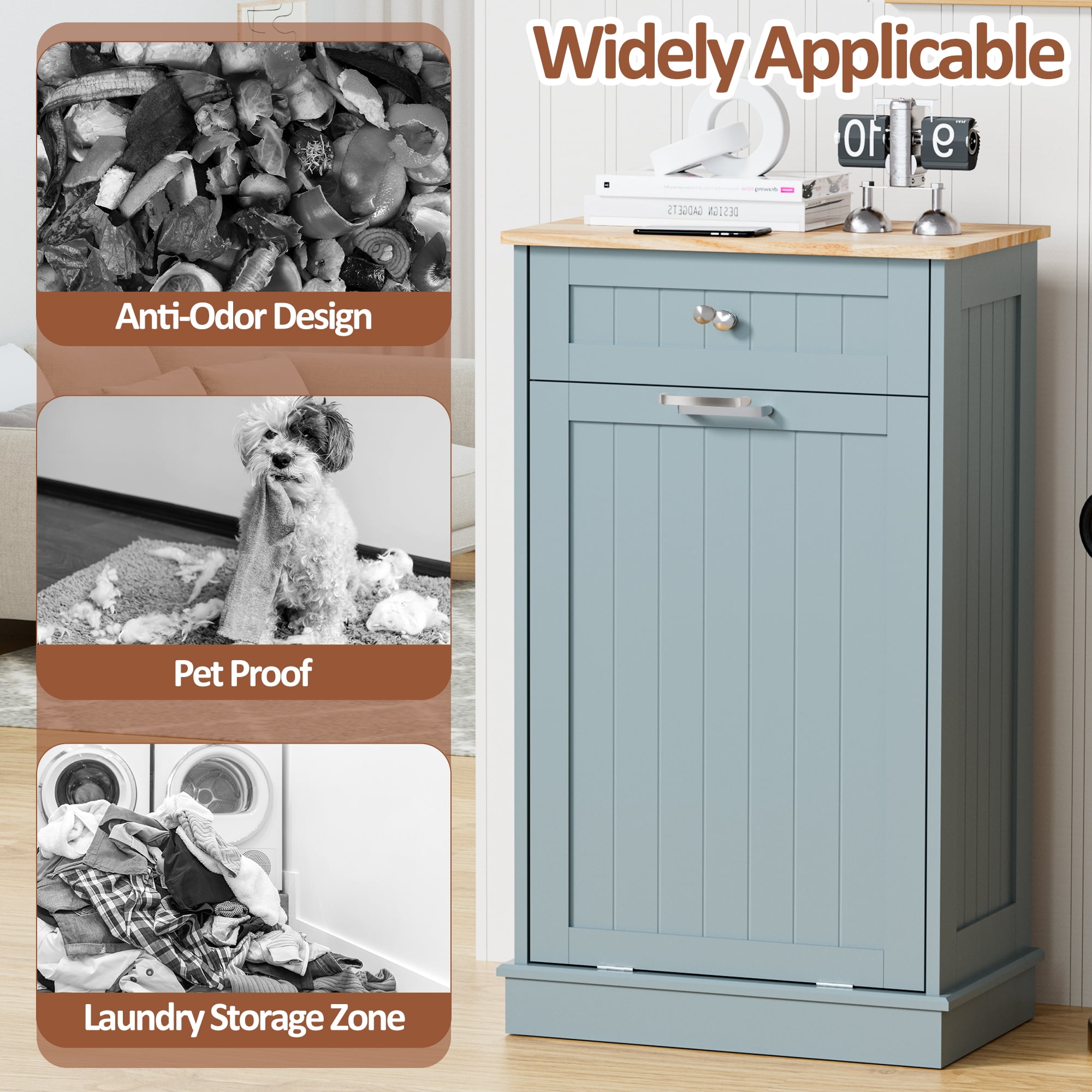 AHB 13 Gallon Single Tilt Out Trash Cabinet with Drawer, Freestanding Kitchen Trash Can Storage Organizer, 20.9"L x 13.55"W x 38.5"H, Blue