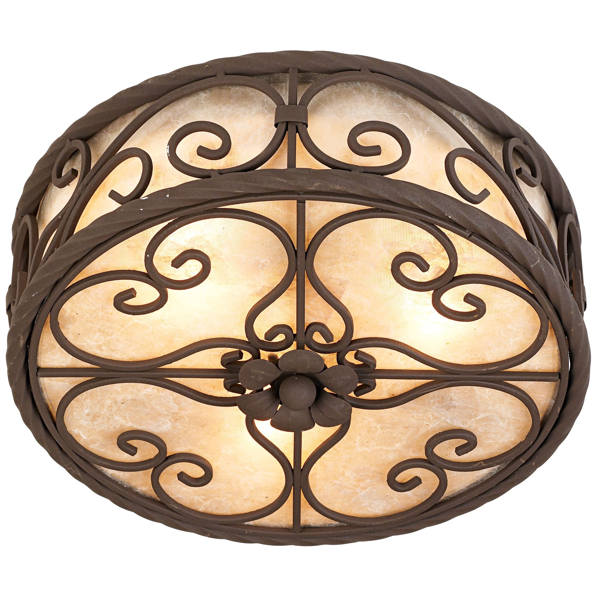 John Timberland Natural Mica Rustic Ceiling Light Flush Mount Fixture 12" Wide Dark Walnut Scroll 3-Light Drum Shade for Bedroom Kitchen Living Room