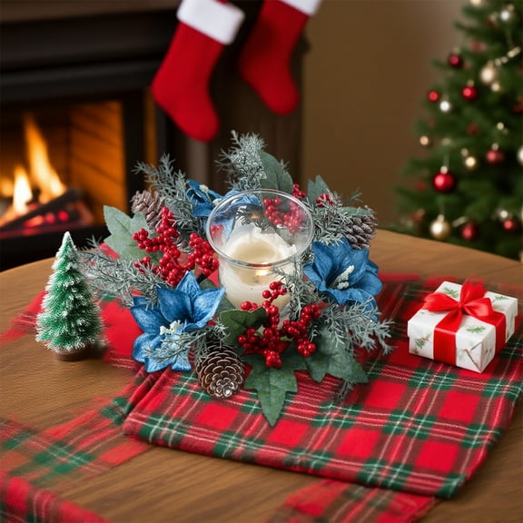 NWOKYZGH 1Pc Christmas Poinsettia Candle Ring Wreath Centerpiece Table Decorations Red Berries Snowy Pine Needles Votive Candle Holders for Xmas Home Party Table Decor