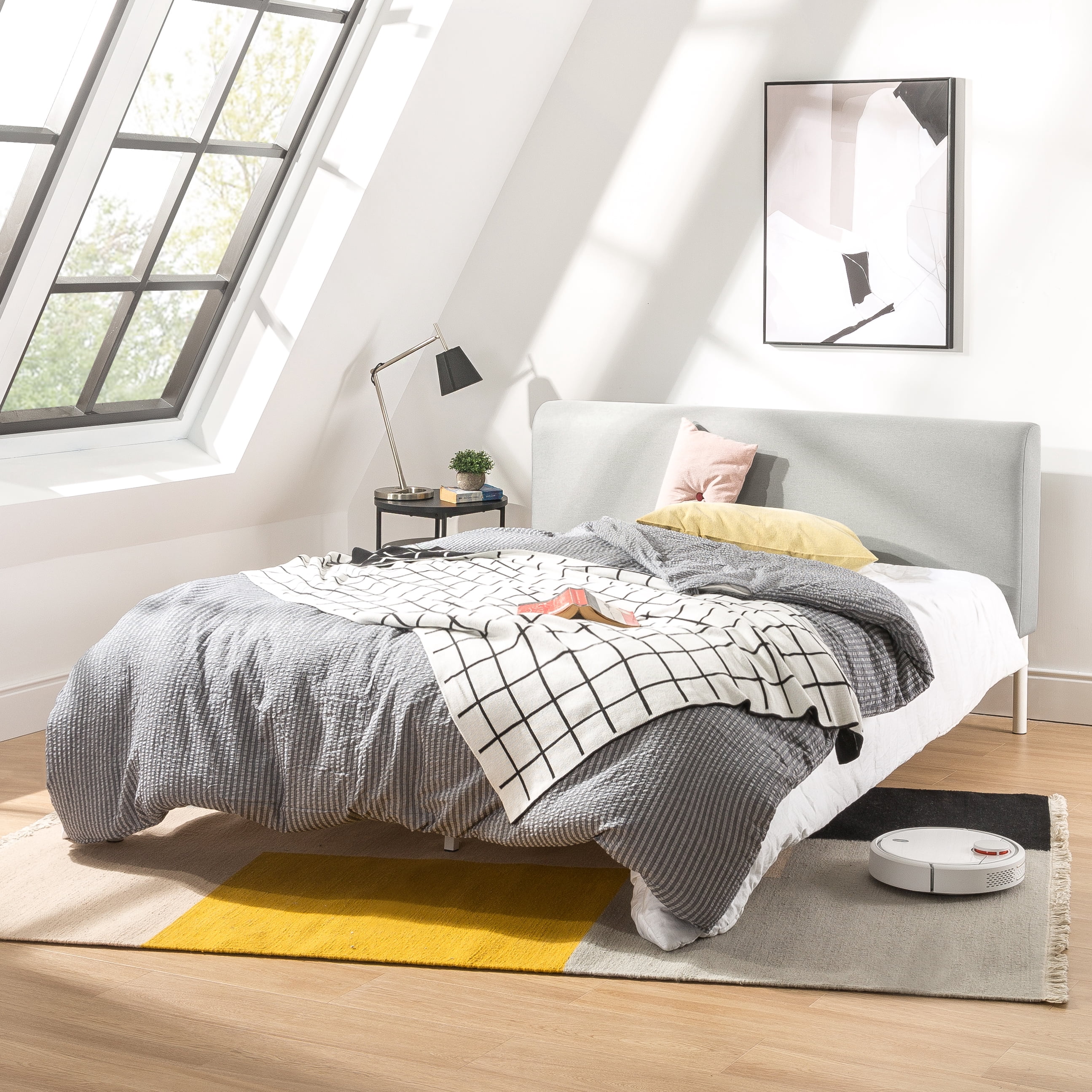 Mellow BREE Metal Platform Bed with Curved Upholstered Headboard, Steel Slats, Easy Assembly, Sky Grey, Queen