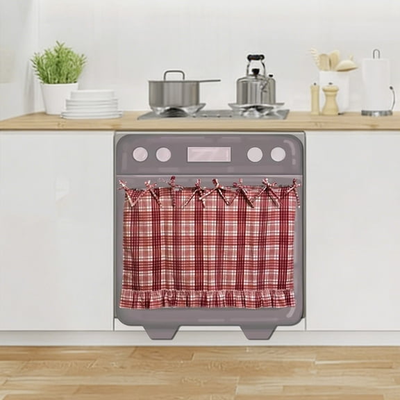 Oven Skirt for Farmhouse Kitchen Decor - 23.6x17.7in Stripe Stove Cover Skirt with Trim & Ribbon Ties, Rustic Decorative Oven Door Curtain