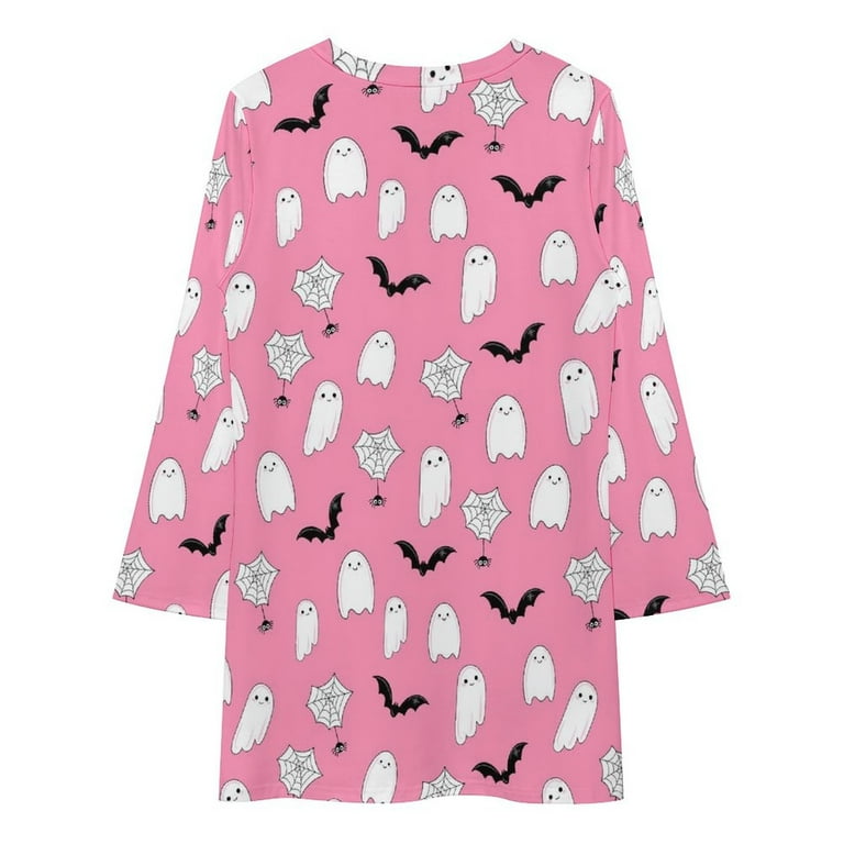 Casual Dresses for Women Pink Ghost Halloween Long Sleeve Fall Dresses for Women 2024 Crew Neck Loose Fit Spliced Tshirt Dress Fall Outfits Fashion Clothes for Women 2024 Walmart