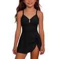 thumbnail image 4 of Busydd Girls Bathing Suit with Built in Bra 7-16 Years Solid Color Straps Girls Swimsuit One Piece V Neck Pleated Side Bow Swimdress 11 Years, 4 of 9