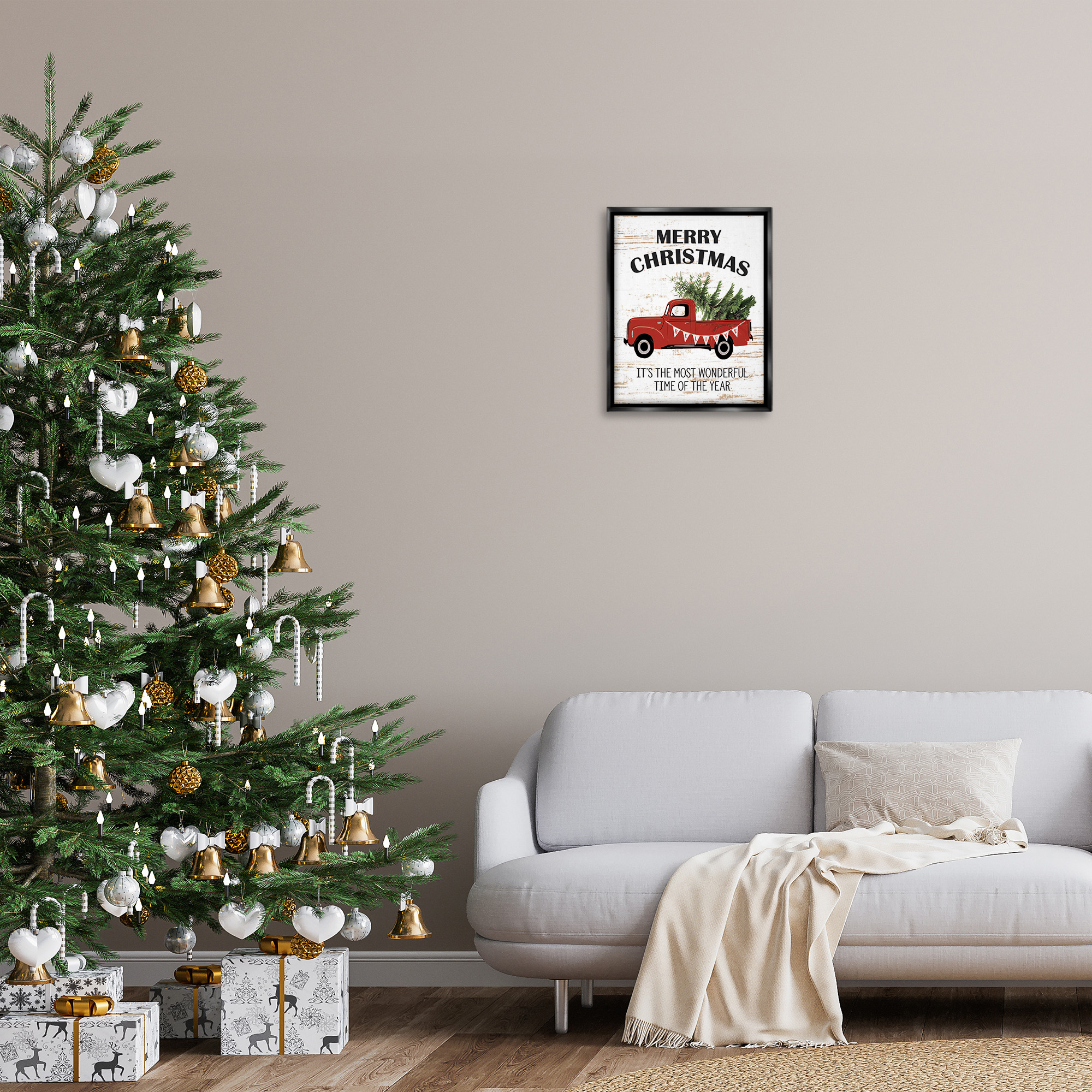Stupell Industries Christmas Most Wonderful Time Vintage Truck Holiday Painting Black Floater Framed Canvas Art Print Wall Art, 17 x 21