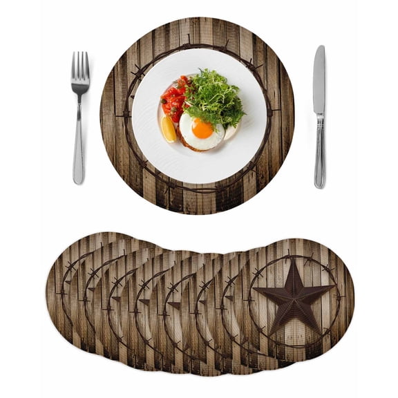 Western Star Retro Round 13 Inch Placemats Set of 8, Vintage Brown Wood Barn HeatResistant Non Slip Place Mats for Dining Table, Wipeable Braided Kitchen Table Mats for Housewarming