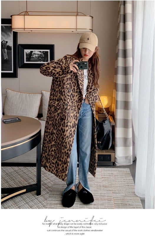 Womens Leopard Long Wool Trench Coat Winter Warm Overcoat - image 2