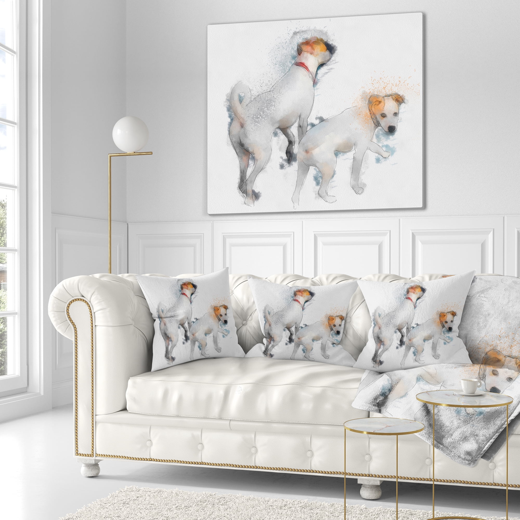 Designart Stylish White Dogs Walking - Animal Throw Pillow - 18x18