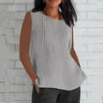 thumbnail image 2 of Cotton Linen Tank Tops for Women, Solid Color Crewneck Pleated Front Sleeveless, Plus Size Summer Shirts with Side Slit Linen Tank Tops for Women Gray 3XL, 2 of 5