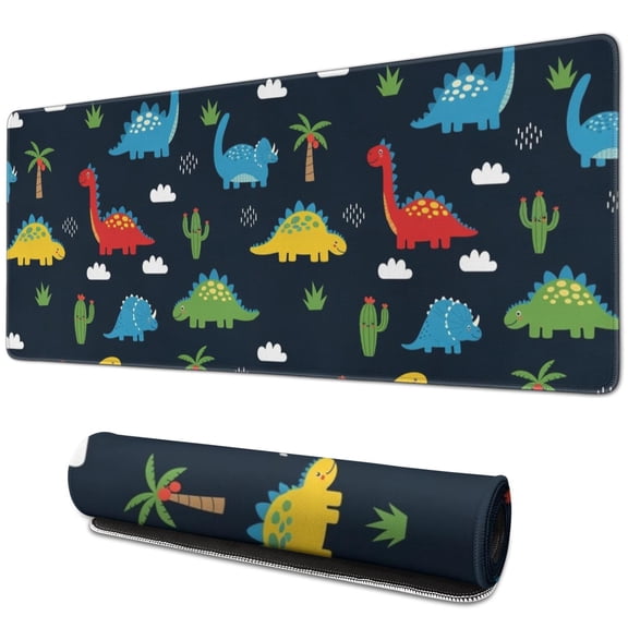 Long Mouse Pads for Desk,DarkBlue Dinosaurs Clouds Palms Pattern Desk Mats on Top Of Desks, Desk Mouse Pad Extra Large with 3mm Non-Slip Base and Stitched Edge for Gaming,Office,Work,Home 31.5"x11.8"