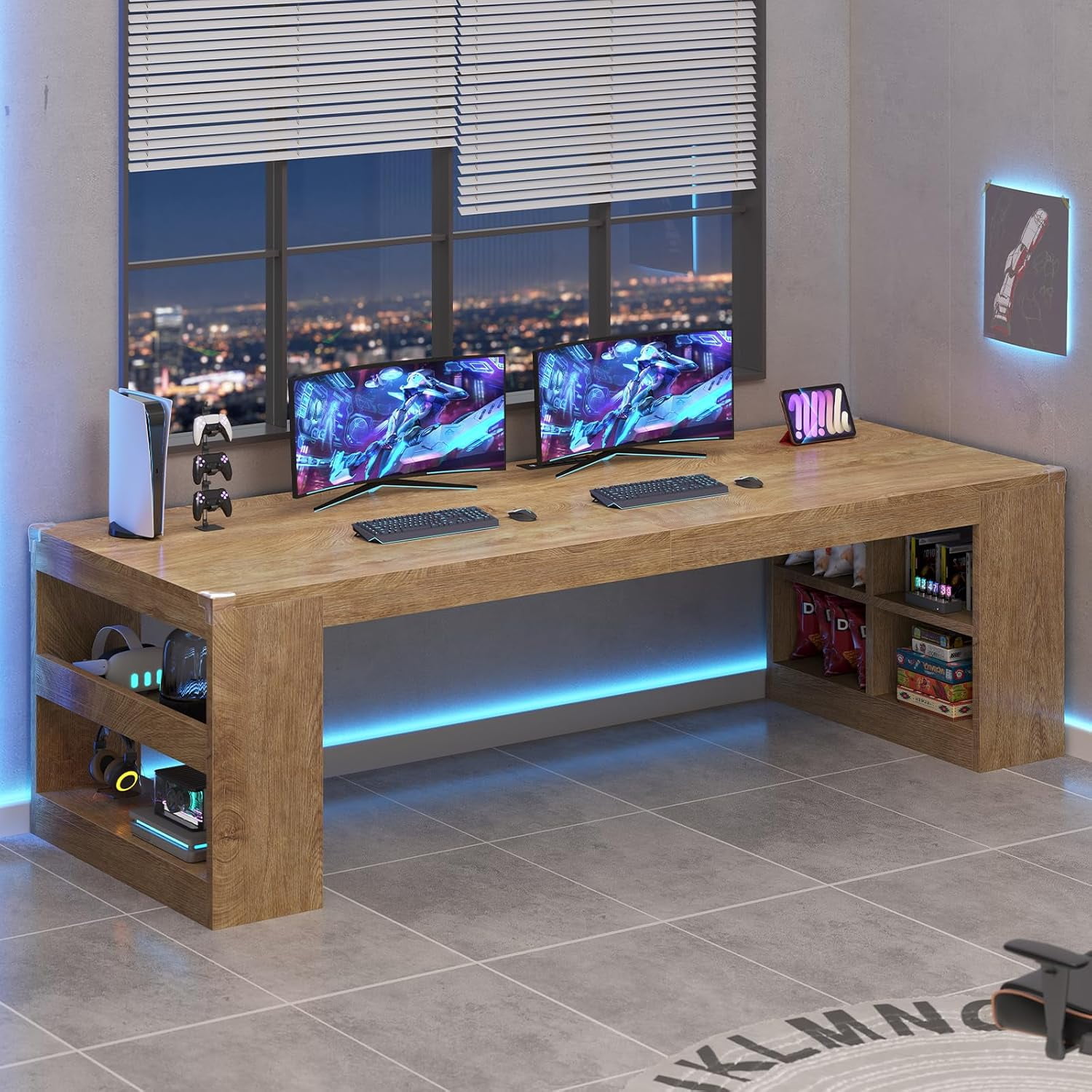 86.6 inch Two Person Desk, Computer Desk with Storage Shelves, Home Office Workstation Desk, Modern Writing Table, Oak