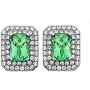 Platinum-Plated Sterling Silver Cushion-Cut Green Obsidian Pave CZ Earrings