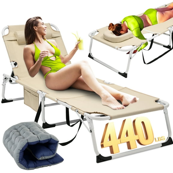 Slsy 3in1 Sun Tanning Chair with Mattress, Heavy Duty Summer Lounger Chair with Face Arm Hole, Adjustable, Removable Pillow & Carry Handle, Sunbathing Chair for Patio, Poolside, Lawn, Beach