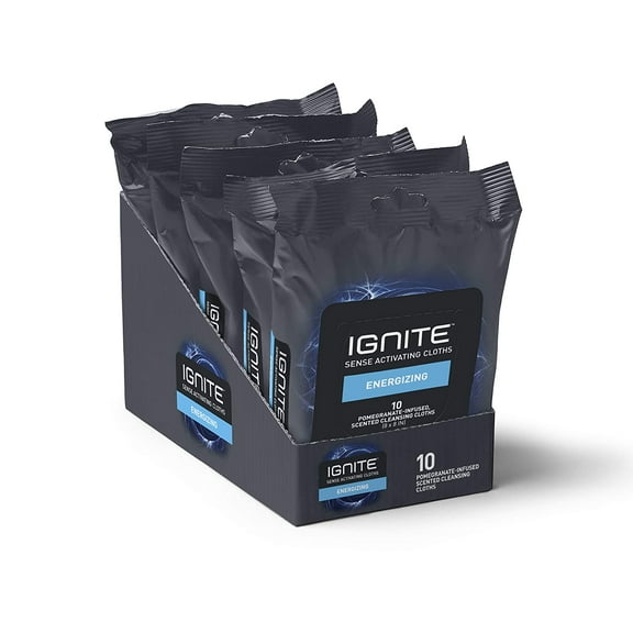 Ignite Mens Body Wet Wipes, Extra Thick 8"x 8" Shower Wipes, Energizing Scent, 10 Count (Pack of 5)
