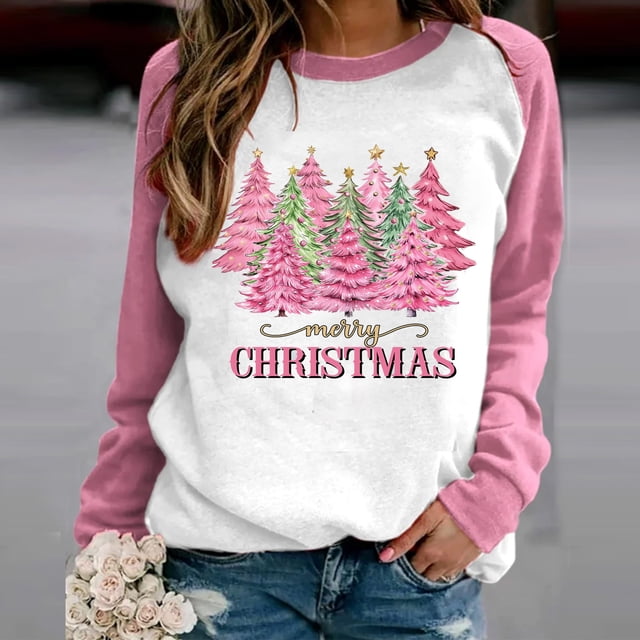 Jienlioq Hauts de Noël Grande Taille pour Femmes Blouse à Manches Longues Imprimée de Noël Col Rond Tunique Décontractée