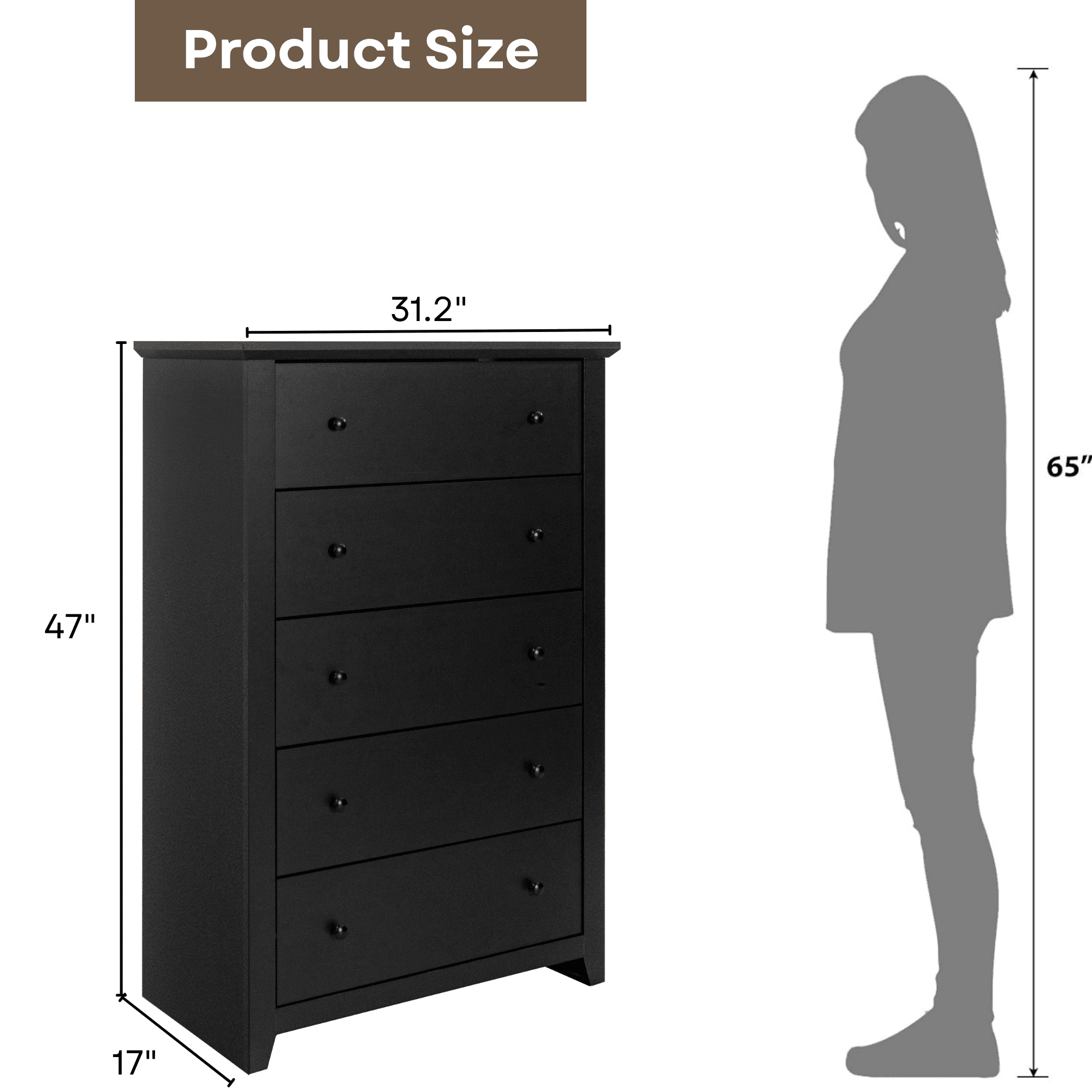 TrumanPick Black Dresser for Bedroom with 5 Drawers 47" Tall Chest of Drawers Wooden Dressers for Closet Living Room