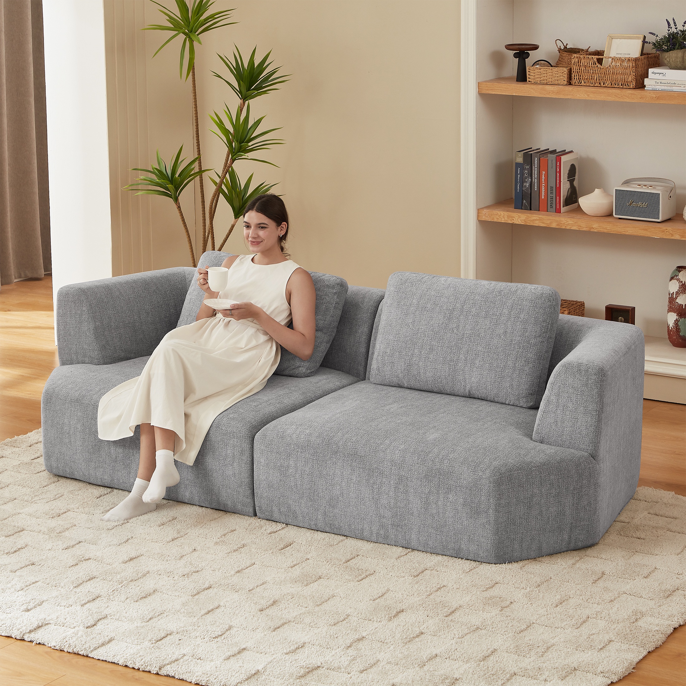 PORKISS 98.4" No-Assembly Sofa for Living Room, 3 Seater Sofa with Extra Deep Seats, Comfy Upholstered Couch for Living Room, 2 Pillows, Chenille Grey