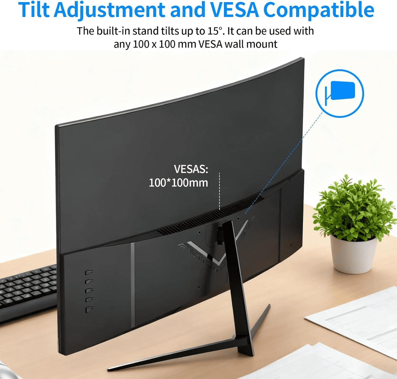ZZA 27 inch 100Hz Curved Monitor with 1K 1920x1080 Computer Screen 27 inch FHD with HDMI,VGA and Wall Mountable|1080P Frameless Eye Care PC Office Display for Working and Gaming