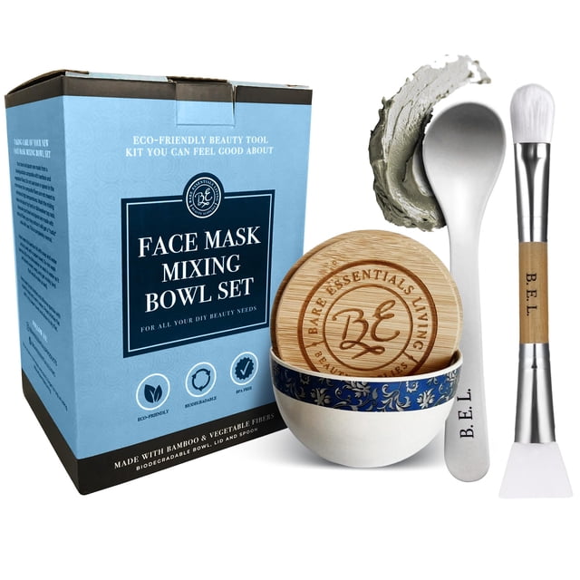 Bare Essentials Living - Juego de cuencos para mezclar mascarilla facial de arcilla, kit de cuidado de la piel, cuencos faciales con tapa de bambú, cuchara para mascarilla y aplicador de cepillo para