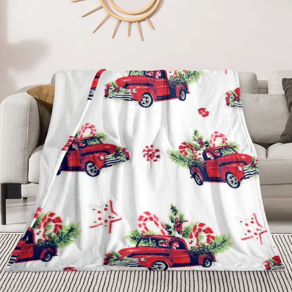Christmas Tree Throw Blankets, Vintage Red Farmhouse Truck Soft Blanket