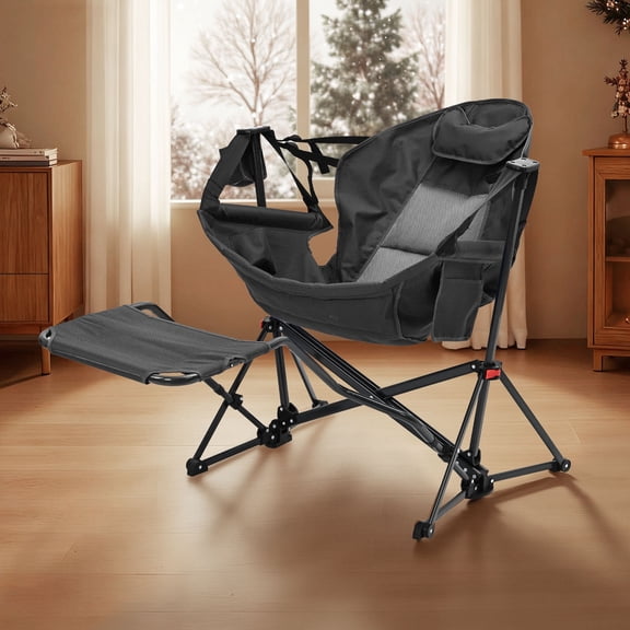 Ainfox Foldable Portable Rocking Camping Chairs with Footrest,Cup Holder,Pillow, Black