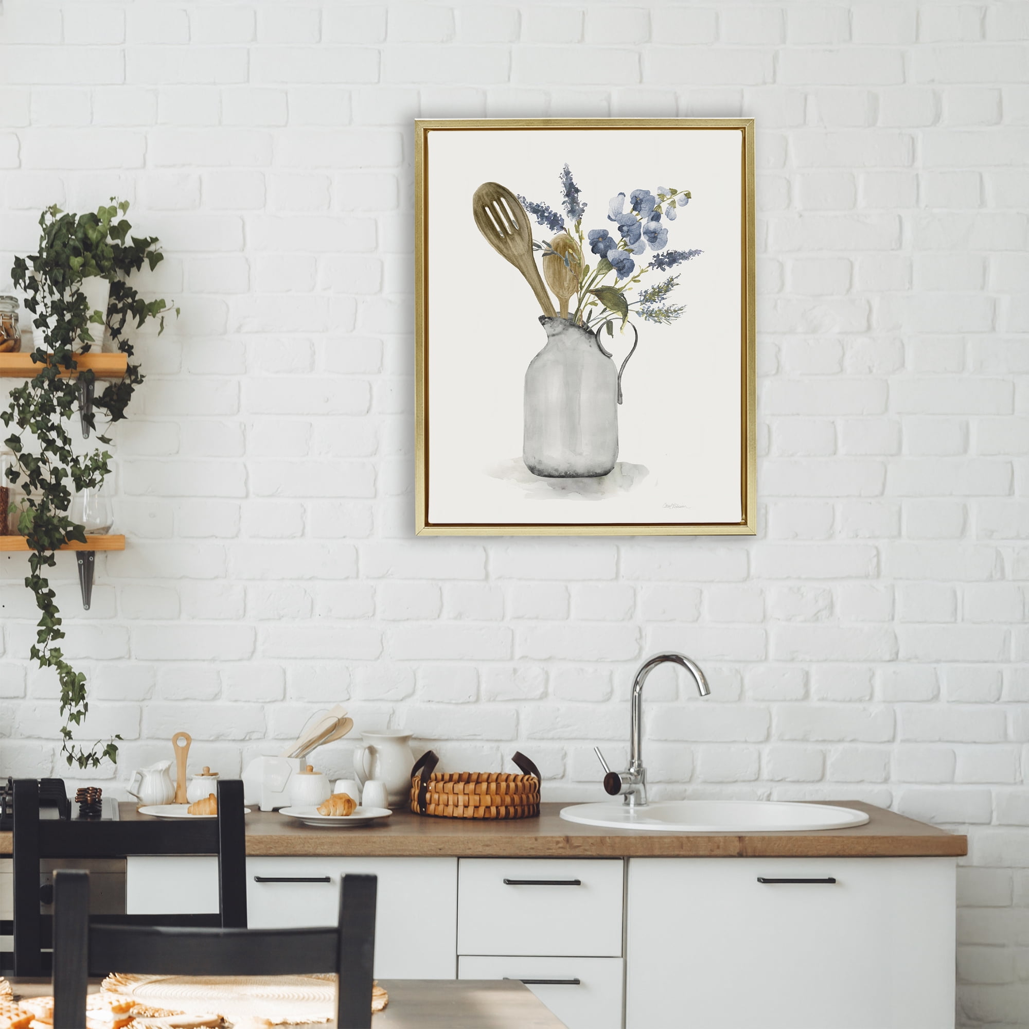 Stupell Industries Vintage Pitcher with Utensils Gold Framed Floater Canvas Wall Art, design by Carol Robinson