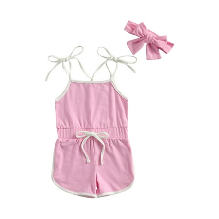 

Xiaoluokaixin Baby Toddler Girl Basic Plain Spaghitte Strap Drawstring Romper Jumpsuit with Headband