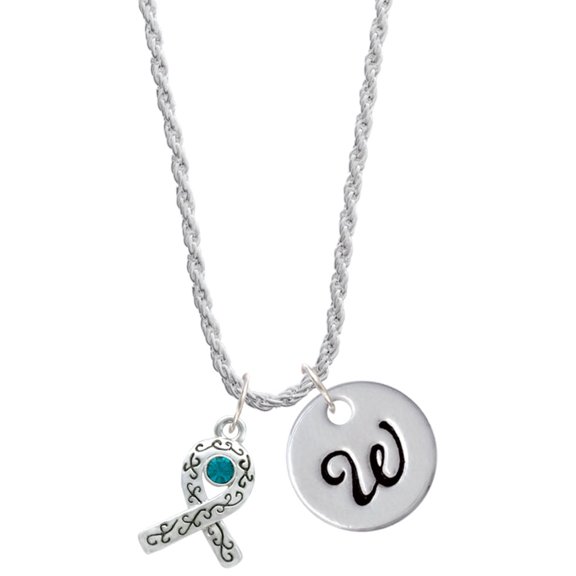 Delight Jewelry Silvertone Scroll Ribbon with Teal Crystal Silvertone Script Initial Disc - W - Charm Necklace, 20"+3"