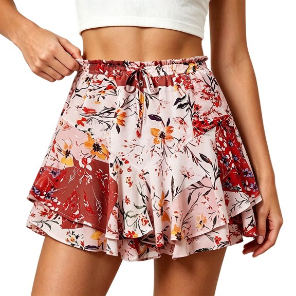 Women Shorts With Pockets Floral High Waisted A Line Skirt Pants for Summmer Festival Holiday Daily Wear