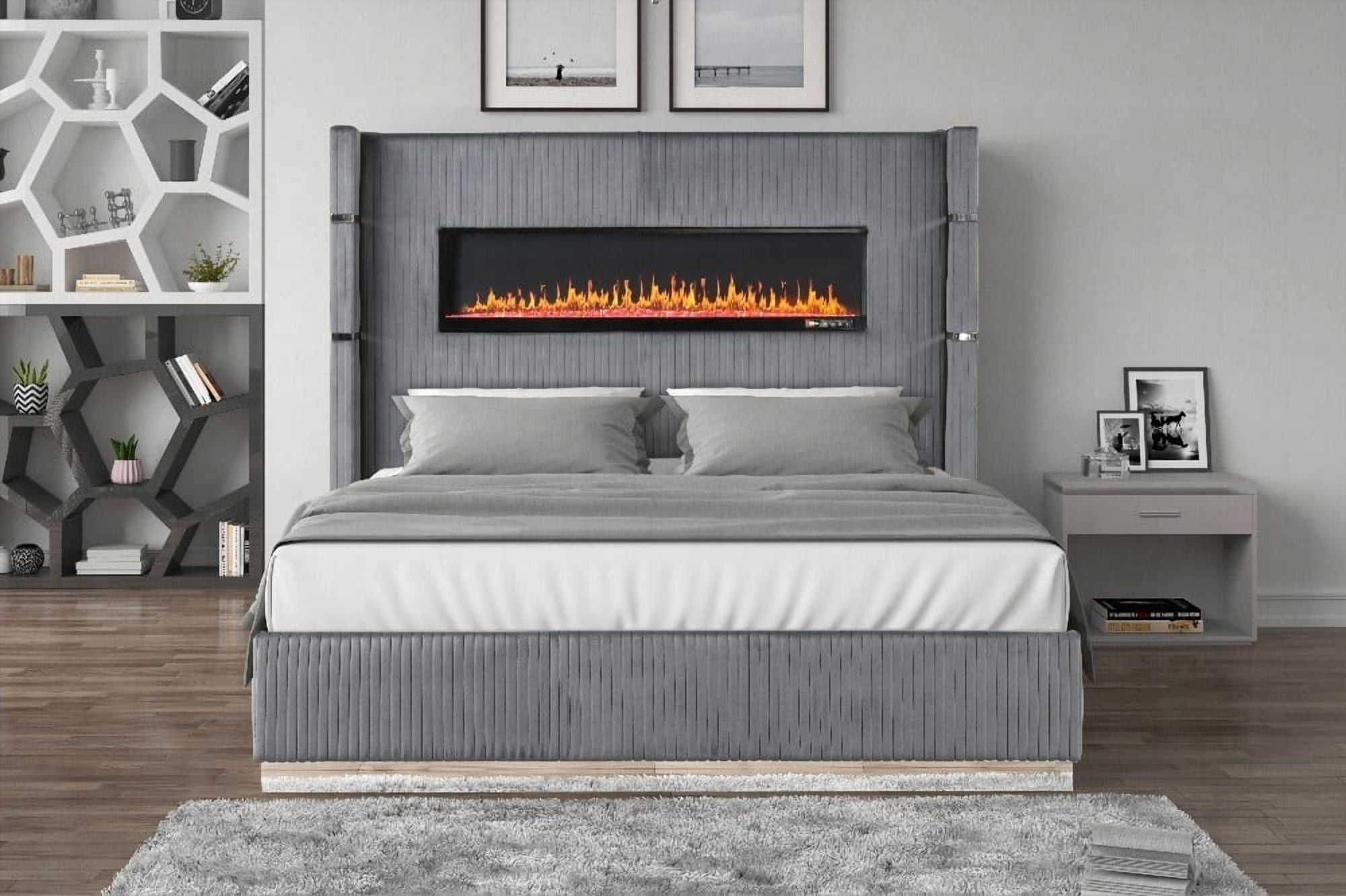 King Size wooden bed frame with ambient lighting in gray velvet finish,no box spring required for master bedroom