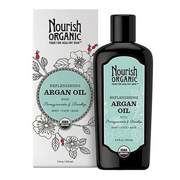 Nourish Organic Replenishing Multi Purpose Argan Oil With Pomegranate For Body Face and Hair, 3.4 Oz