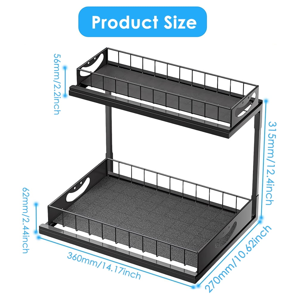 XMZHOU 2 Tiers Kitchen Pull Out Counter Sliding Drawer Shelf, Bathroom Under Sink Organizer, Sturdy And Solid Cabinet Storage For Kitchen Bathroom Home, Black