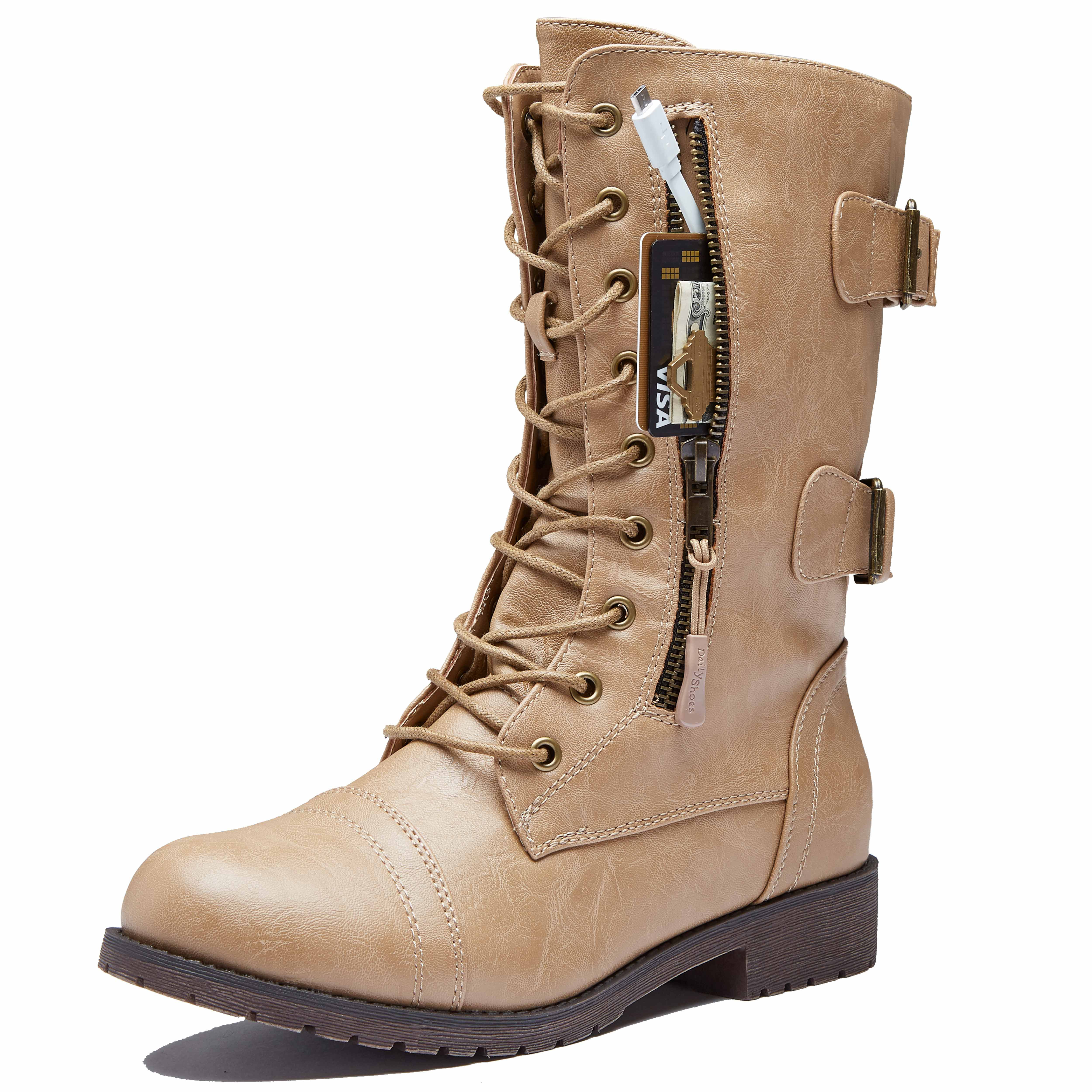 DailyShoes Women's Knee High Ankle Buckle Strap Military Combat Boots 