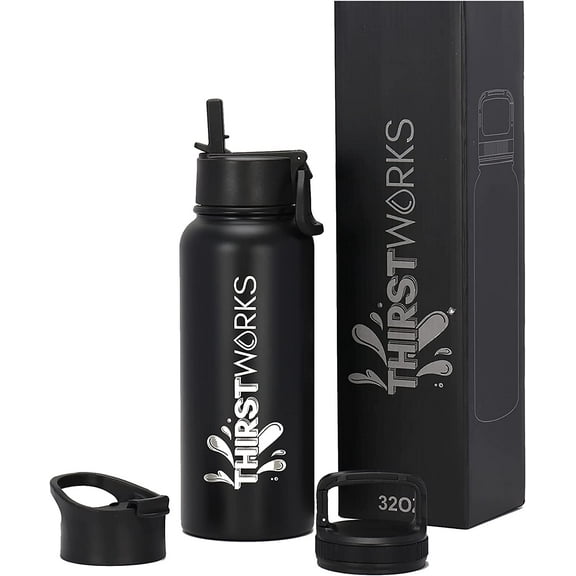 THIRSTWORKS Vacuum Insulated Stainless Steel, Leak Proof, Sports Water Bottle with Straw and 3 Lids, 32 fl oz, Black