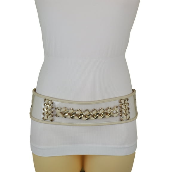 Women Wide Cream Elastic Belt Gold Metal Chain Links S M