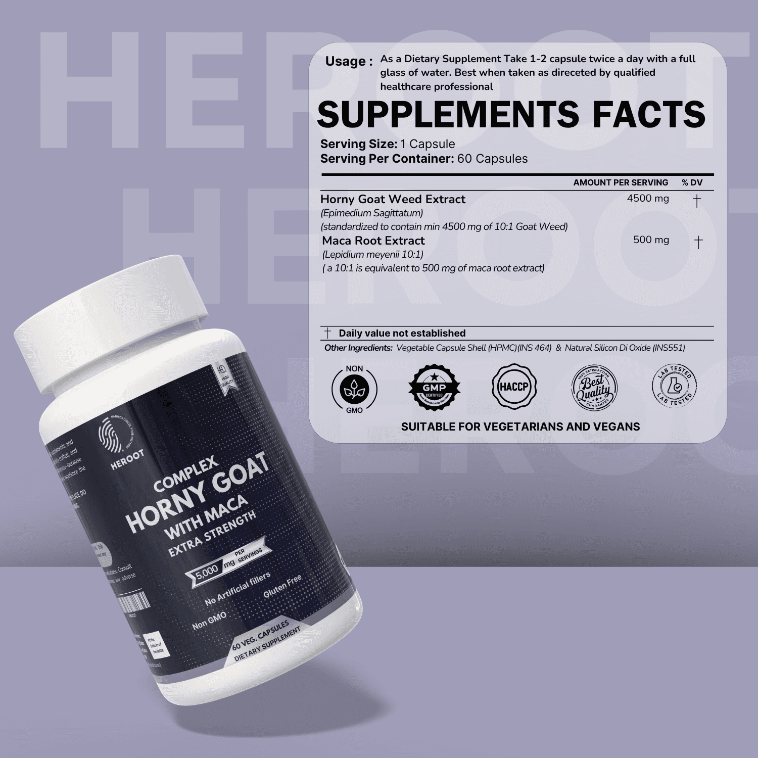 Heroot Goat Weed Capsule Maca Root 500mg Supports Stamina & Saw Palmetto, 120 Capsules