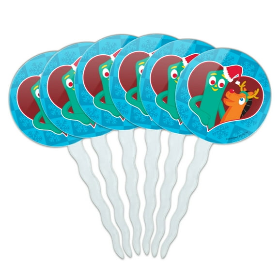 Christmas Gumby And Pokey In Heart With Santa Hat and Red Nose Cupcake Picks Toppers Decoration Set of 6