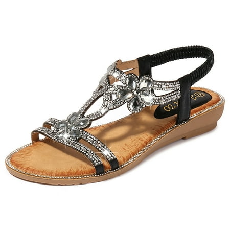 

XIAOFFENN Sandal For Women Outdoor Sandal For Women Bohemia Summer Women Ladies Bling Flower Crystal Flat Sandals Beach Casual Shoes Sandal For Women