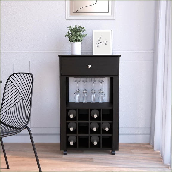 Bar Coffee Cart 39” H Black – 12 Wine Racks, Cup Holders, Drawer | Particle Board