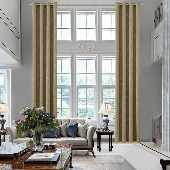 RISSIEN Extra Long Burlap Linen Farmhouse Curtains 144 inch Length 2 Panels for 2 Story High Living Room Textured Thick Light Filtering Privacy Window Drapes with Grommet 12ft (52x144 Coffee)