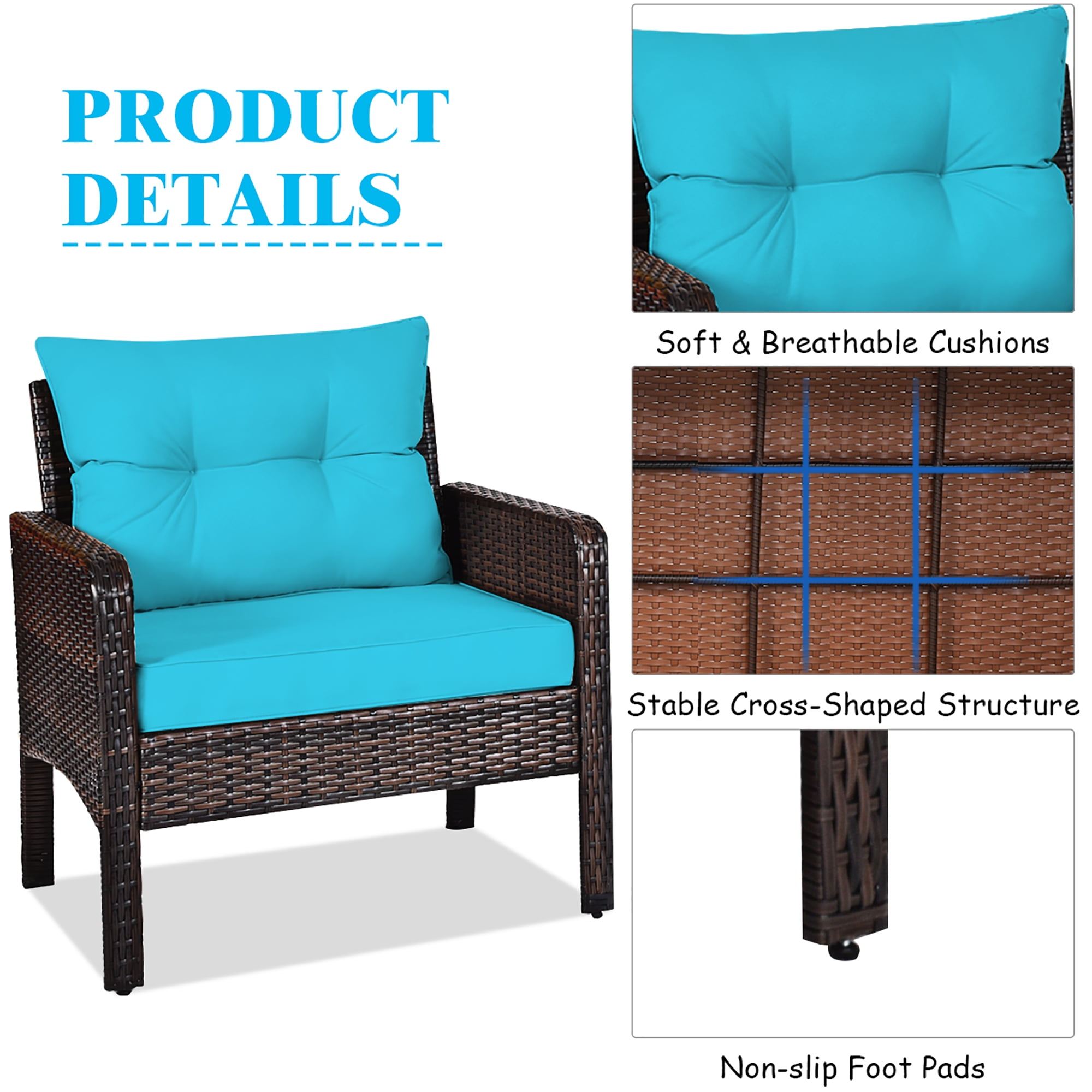Costway 3PCS Outdoor Rattan Conversation Set Patio Garden Cushioned Sofa Chair Turquoise