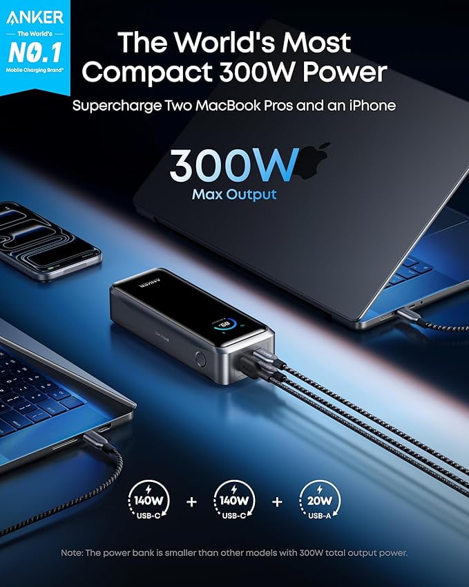 Anker Prime Power Bank, 26,250mAh 3-Port Portable Charger with 300W Max Output, Two-Way Charging