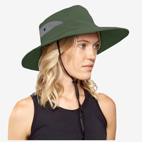 Ticikt Ladies' Outdoor Sun Hat, Breathable Wide Brim Bucket Hat with Chin Strap for Camping,Army Green