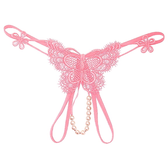 Women Embroidered Hollow Butterfly Sexy Low Waist Underpants Open Cut Pearl Massage Thong