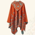 thumbnail image 3 of Women's Knitted Poncho with Hood Tassel Open Front Stars for Fall Winter (Orange), 3 of 7