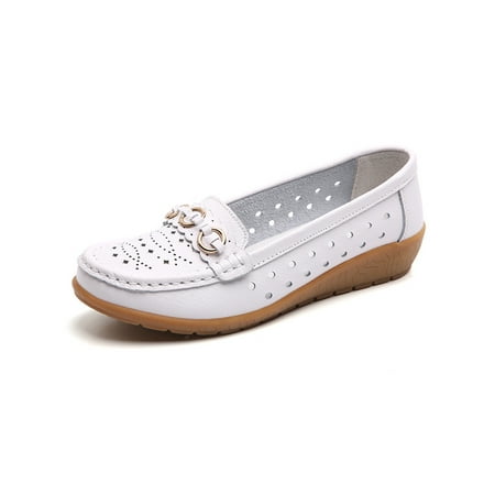 

Gomelly Ladies Loafers Slip On Casual Shoes Wedge Flats Lightweight Walking Shoe Outdoor Work White Hollow Out 4.5