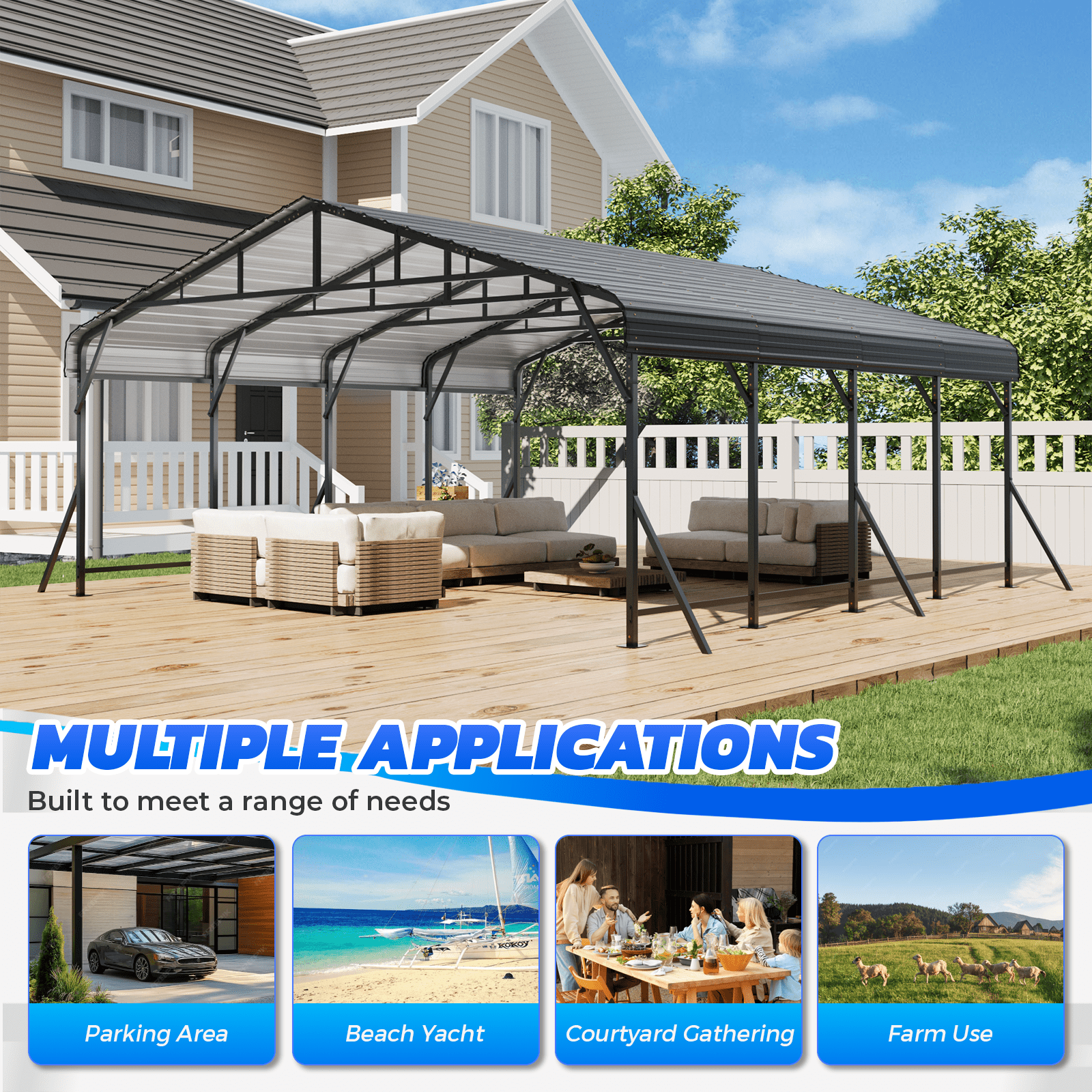 EROMMY Carport 20x20 FT,Heavy Duty Carport with Reinforced Steel Braces & Galvanized Steel Roof and Frame 2 Cars, Boats and Tractors