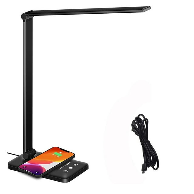 Lámpara de escritorio LED con cargador inalámbrico, puerto de carga USB, lámpara de escritorio regulable con 5 niveles de brillo y 5 modos de iluminación, control táctil, temporizador automático.