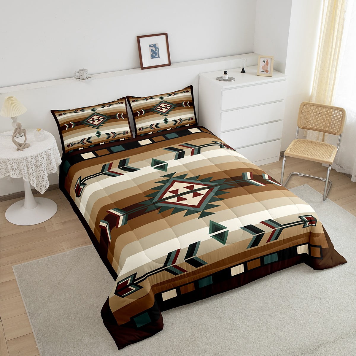 Rustic Bohemian Queen Comforter Set American Southwestern Bedding Set Boho Western Aztec Exotic Bed Comforter Sets Men Vintage Country Farmhouse Quilt Duvet 3 Pcs