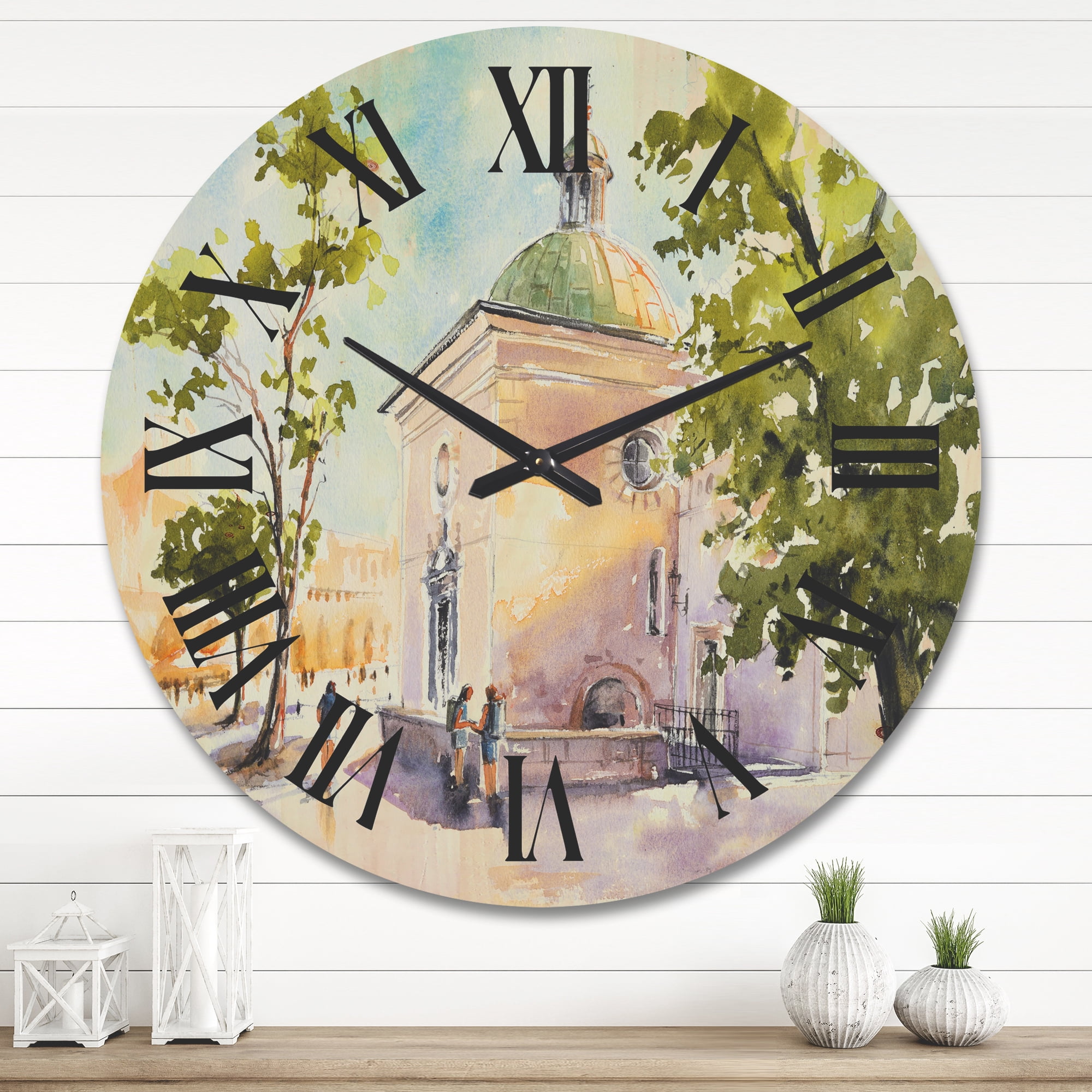 Designart 'People At Rustic Church In The Village' Country Wood Wall Clock