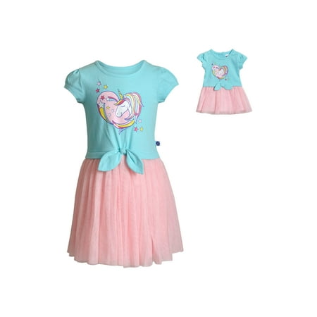 Unicorn Rainbow Graphic Tutu Dress With Match Doll Outfit (Little Girls & Big Girls)